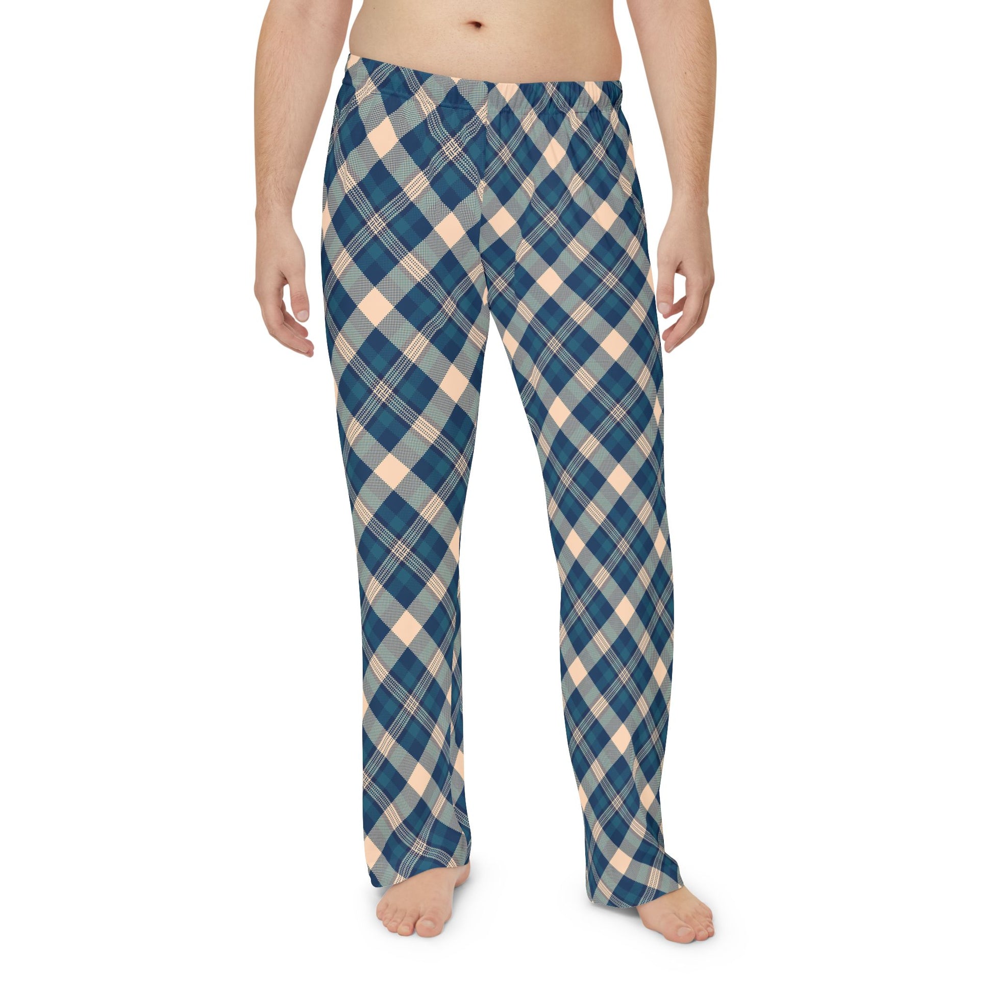 Blue and beige plaid pajama pants on a white background