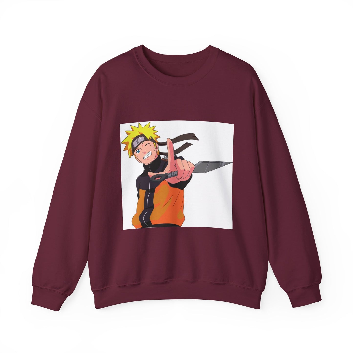 Maroon sweatshirt with an anime character graphic on a white background
