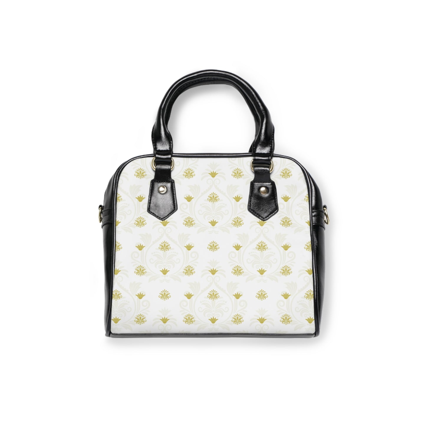 Classic White Gold Print Tote Bag – Chic Black Trim Structured Handbag