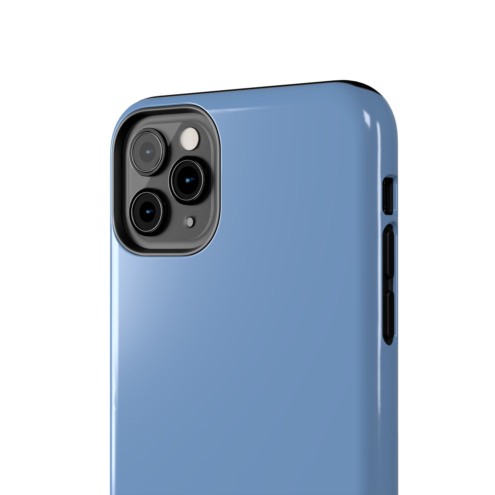 Blue phone case with camera and side view on a white background