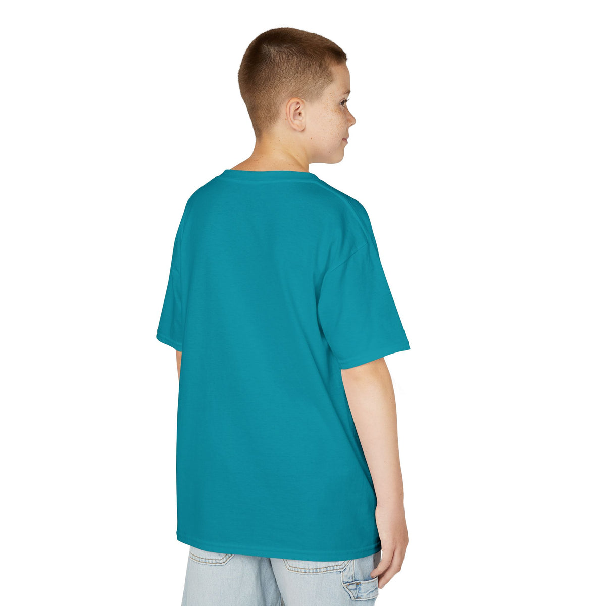 Kids Heavy Cotton Teal T-Shirt with a Graphic Design