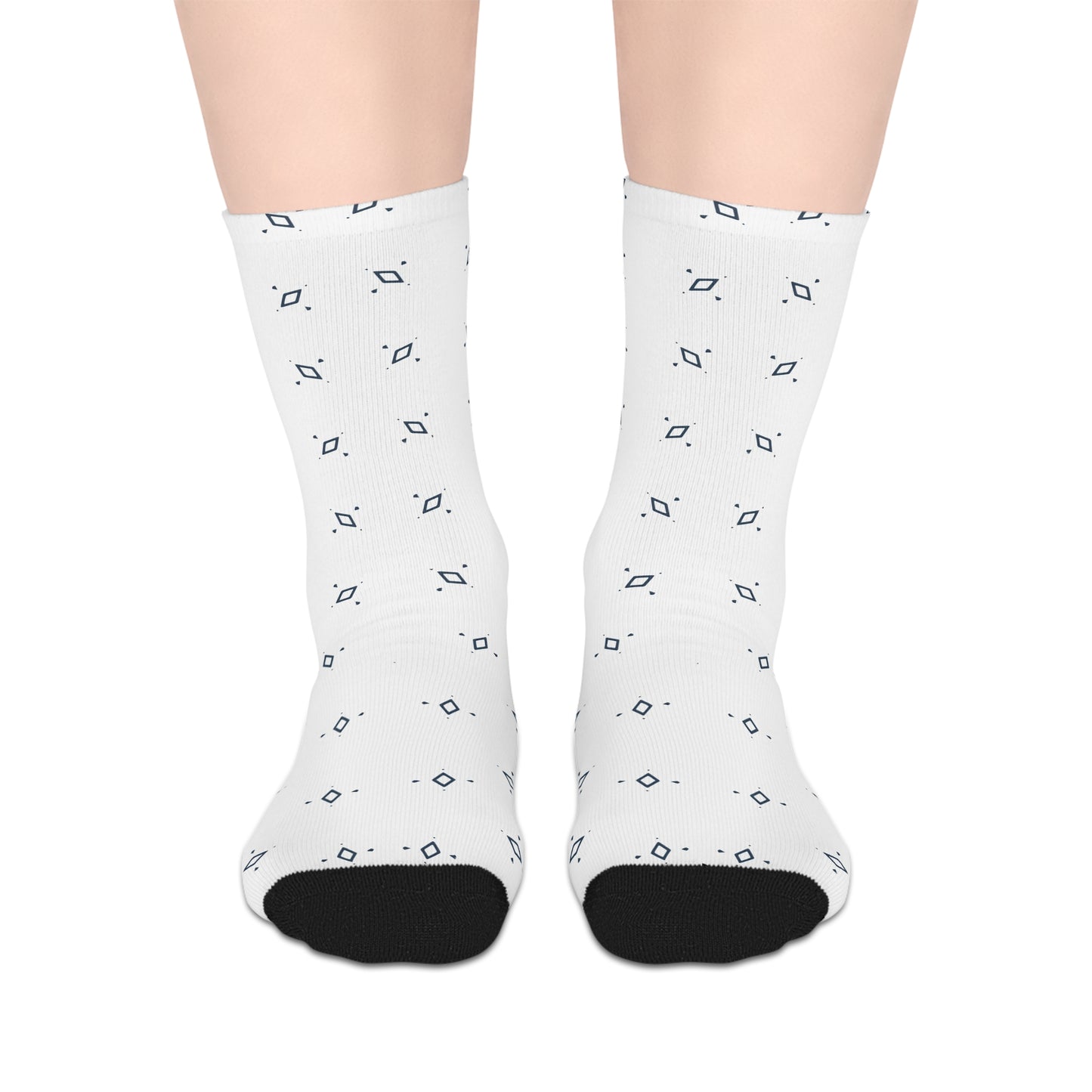 Mid-length White Socks with Black Geometric Patterns